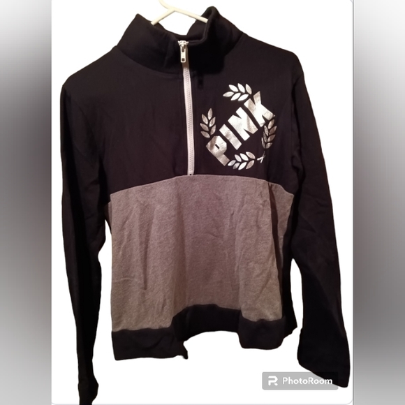 PINK Victoria's Secret Tops - PINK VS Black & Grey Fleece Quarter Zip Up w/ Silver Metallic PINK Logo